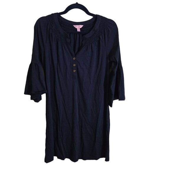 Lilly Pulitzer Navy Blue Teigen Dress 3/4 Bell Sleeve Henley Pima Cotton Size S - Picture 2 of 8